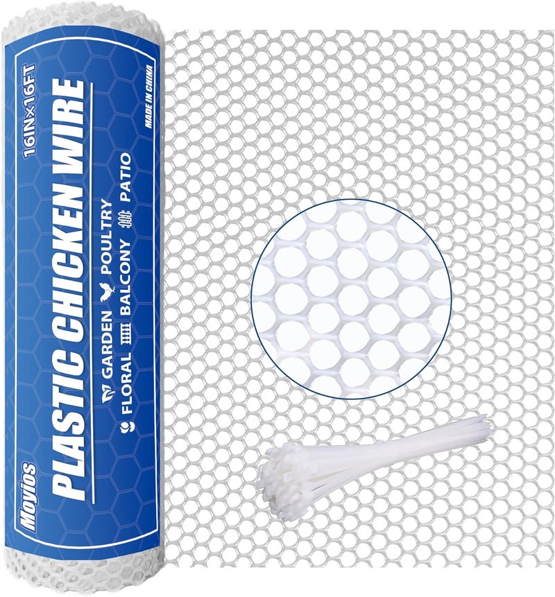 Moyios Heavy-Duty 16 inx16.4 ft White Plastic Chicken Wire Mesh, 300GSM Garden Fence with 30 Zip Ties - Flexible Poultry Netting for Balcony Barrier & DIY Crafts - Image 1